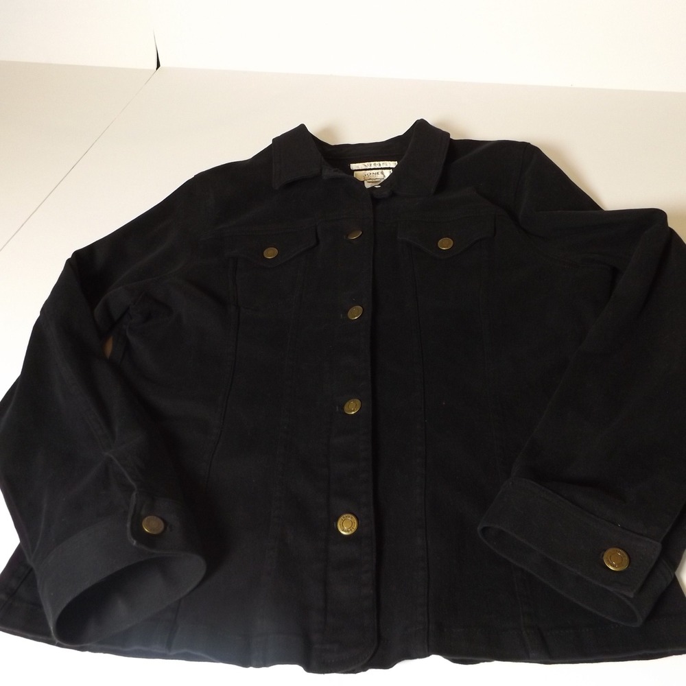 Jones Sport Womens Black Stretch Cotton Button Front Denim Style Jacket L